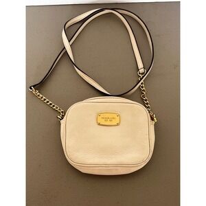 Michael Kors Cream Pebbled Leather Crossbody Bag Gold Chain Camera Bag Small